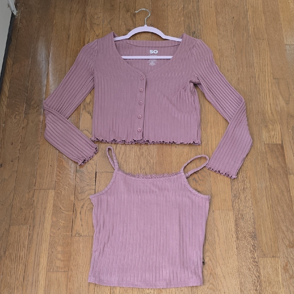 SO BRAND GIRL'S MAUVE 2 PIECE CARDIGAN AND MATCHING TANK SET SIZE LARGE (10/12)